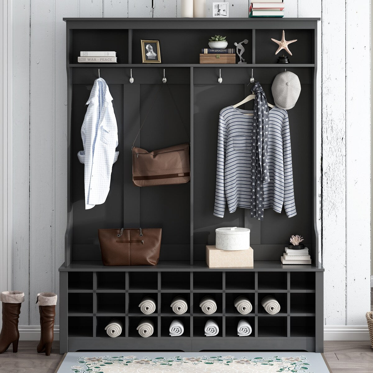 Modern Style Multiple Functions Hallway Coat Rack with Metal Black Hooks