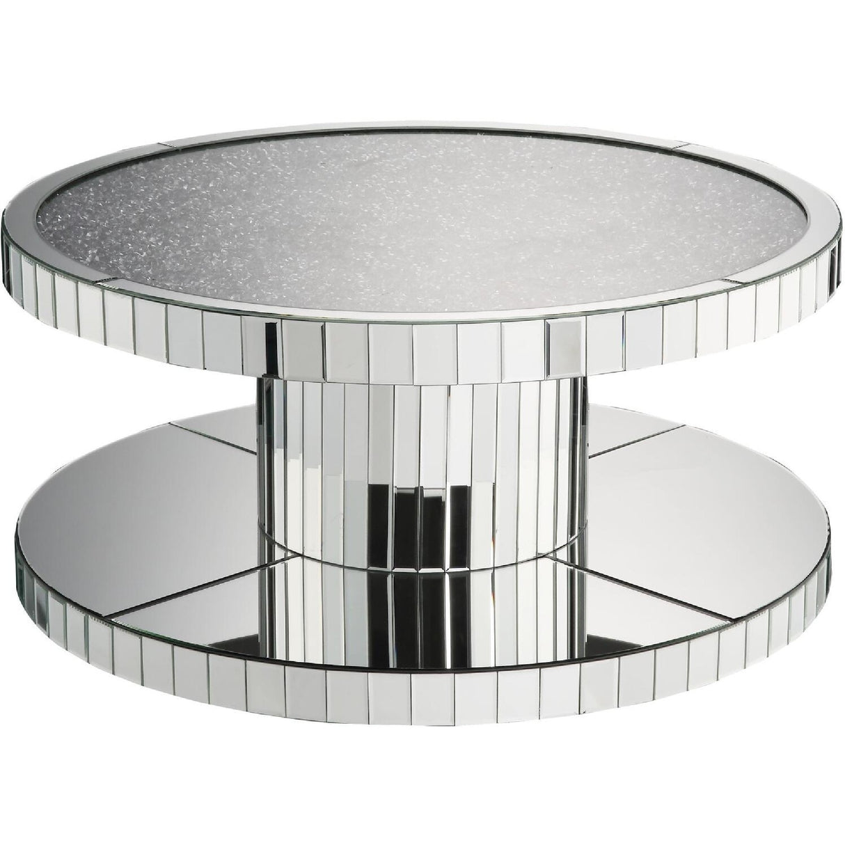 Modern Style Round Mirror Coffee Table with Glass and Faux Stones Top, Silver