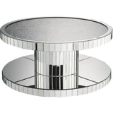 Modern Style Round Mirror Coffee Table with Glass and Faux Stones Top, Silver