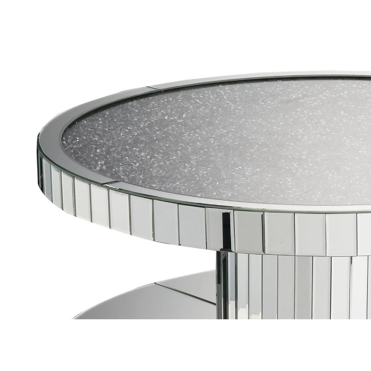 Modern Style Round Mirror Coffee Table with Glass and Faux Stones Top, Silver