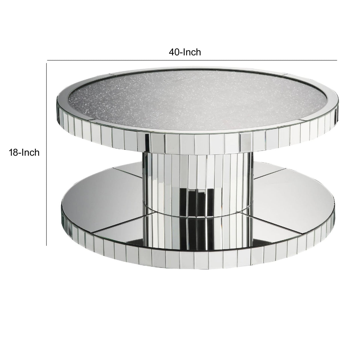 Modern Style Round Mirror Coffee Table with Glass and Faux Stones Top, Silver