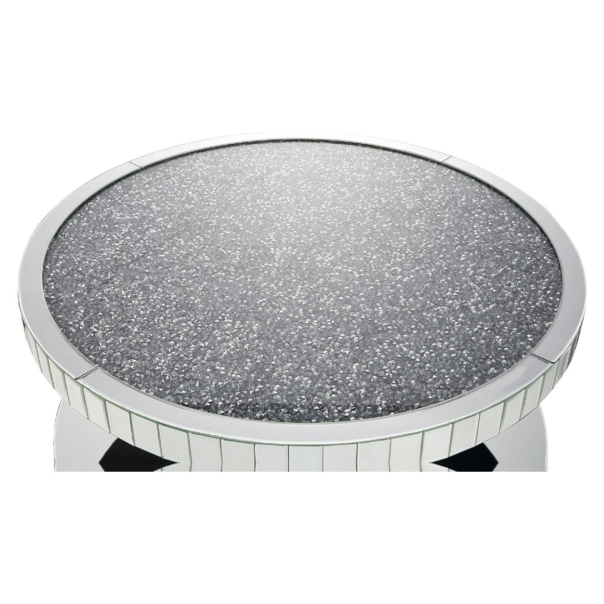 Modern Style Round Mirror Coffee Table with Glass and Faux Stones Top, Silver