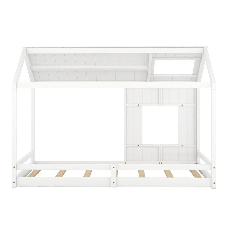 Modern Style Wooden Kids Furniture Twin Size House Bed Kids Bed with Roof and Window, White