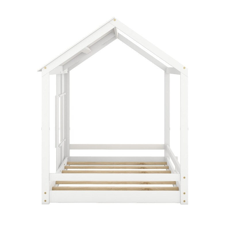 Modern Style Wooden Kids Furniture Twin Size House Bed Kids Bed with Roof and Window, White