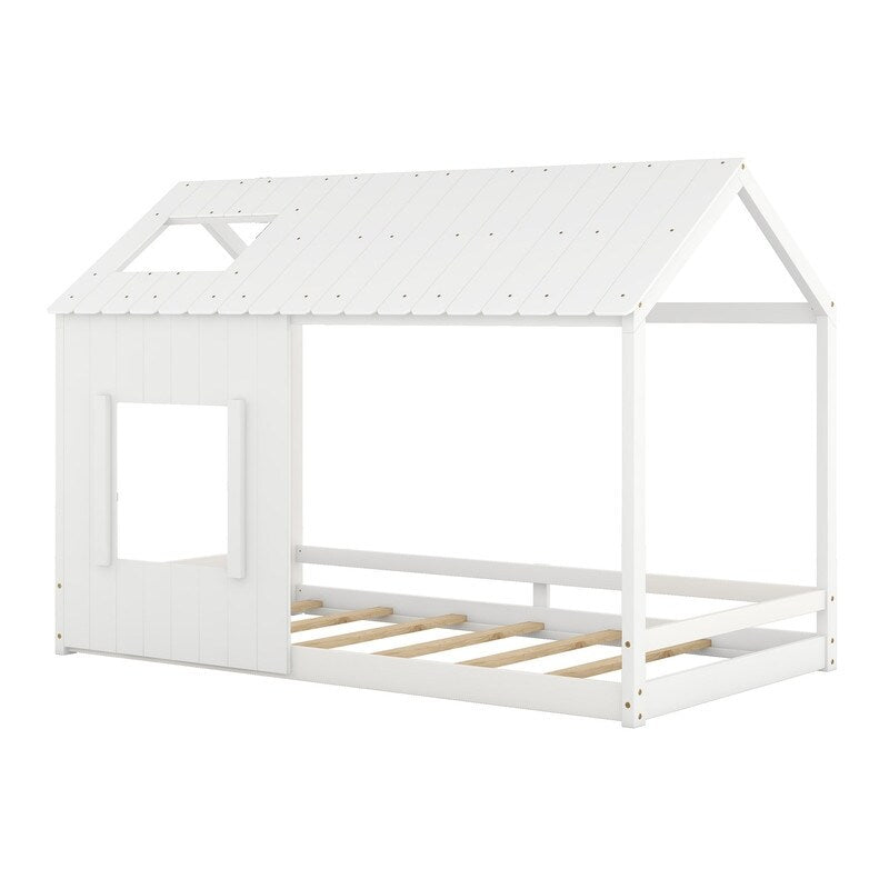 Modern Style Wooden Kids Furniture Twin Size House Bed Kids Bed with Roof and Window, White