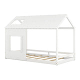 Modern Style Wooden Kids Furniture Twin Size House Bed Kids Bed with Roof and Window, White