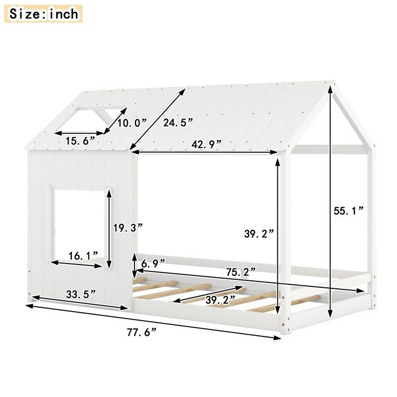 Modern Style Wooden Kids Furniture Twin Size House Bed Kids Bed with Roof and Window, White