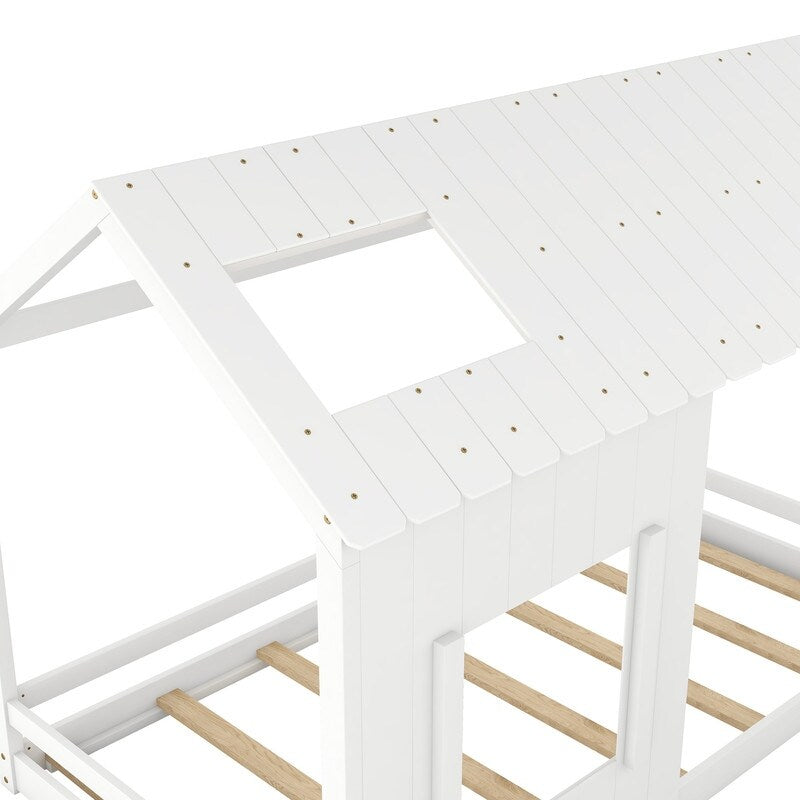Modern Style Wooden Kids Furniture Twin Size House Bed Kids Bed with Roof and Window, White