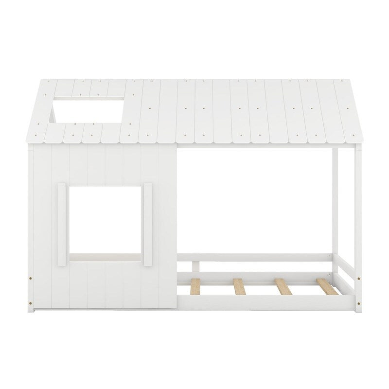 Modern Style Wooden Kids Furniture Twin Size House Bed Kids Bed with Roof and Window, White