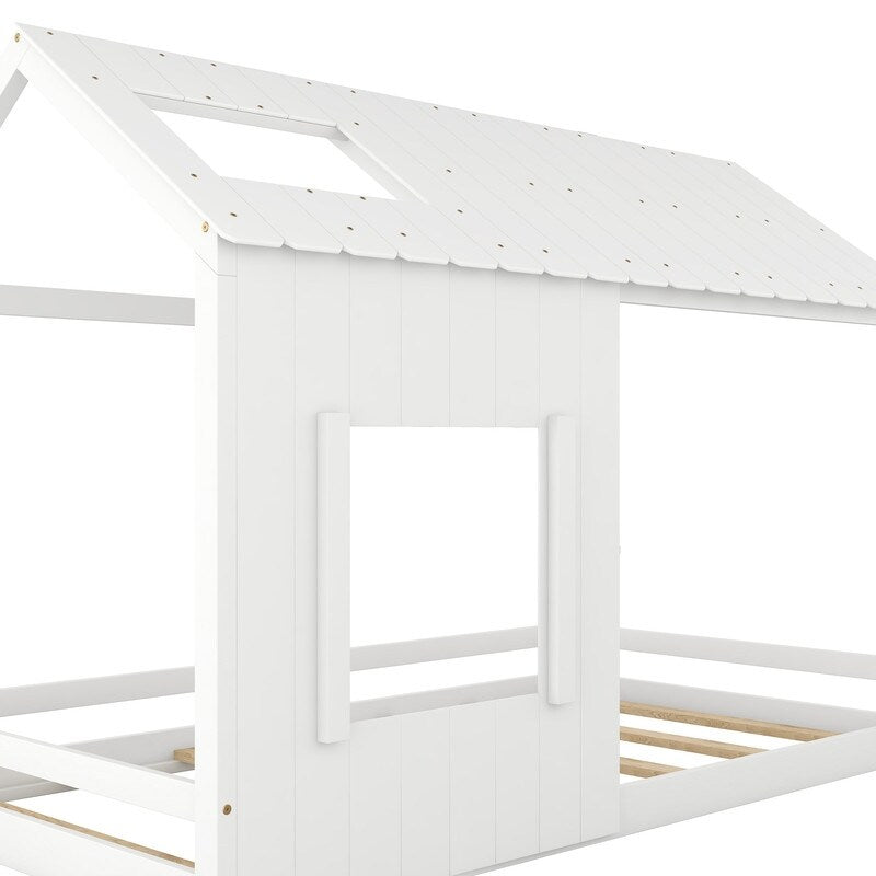 Modern Style Wooden Kids Furniture Twin Size House Bed Kids Bed with Roof and Window, White