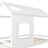 Modern Style Wooden Kids Furniture Twin Size House Bed Kids Bed with Roof and Window, White