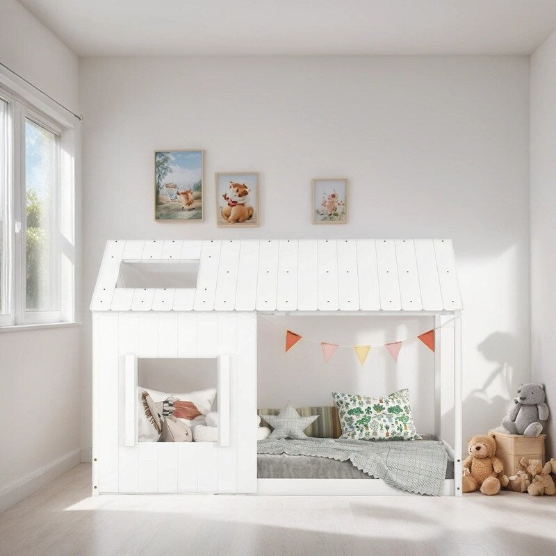 Modern Style Wooden Kids Furniture Twin Size House Bed Kids Bed with Roof and Window, White