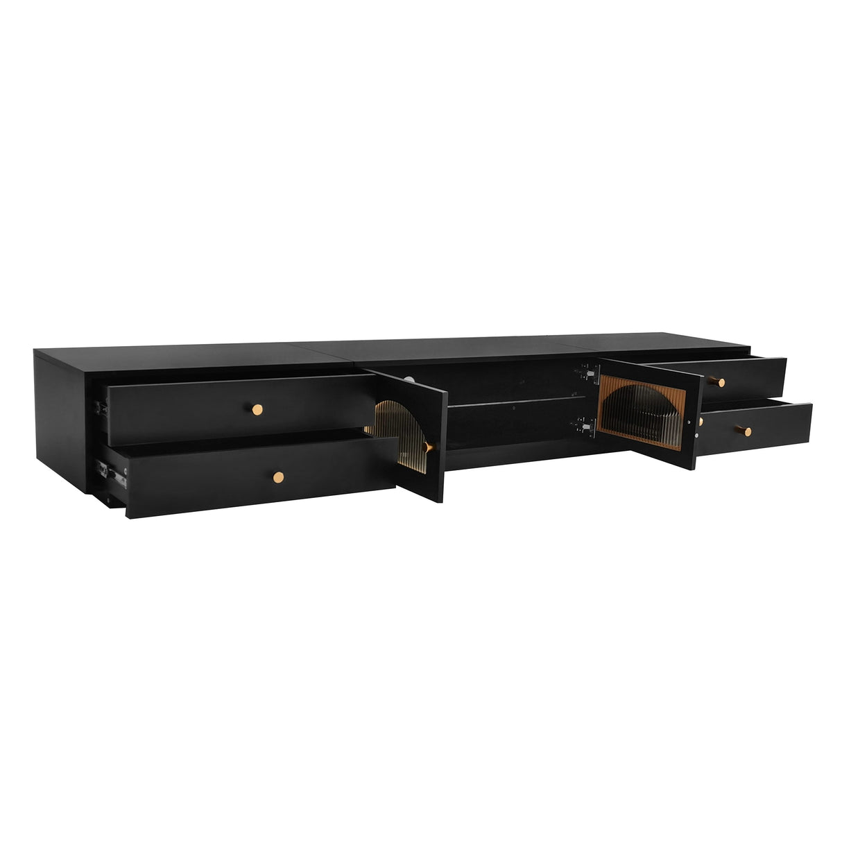Modern TV Stand Media Console Cabinets w/ Fluted Glass Doors for TVs Up to 90'', TV Cabinet Entertainment Center w/ 4 Drawers