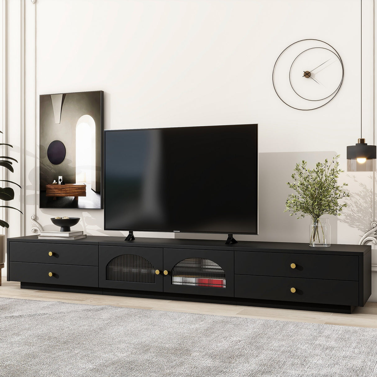 Modern TV Stand Media Console Cabinets w/ Fluted Glass Doors for TVs Up to 90'', TV Cabinet Entertainment Center w/ 4 Drawers