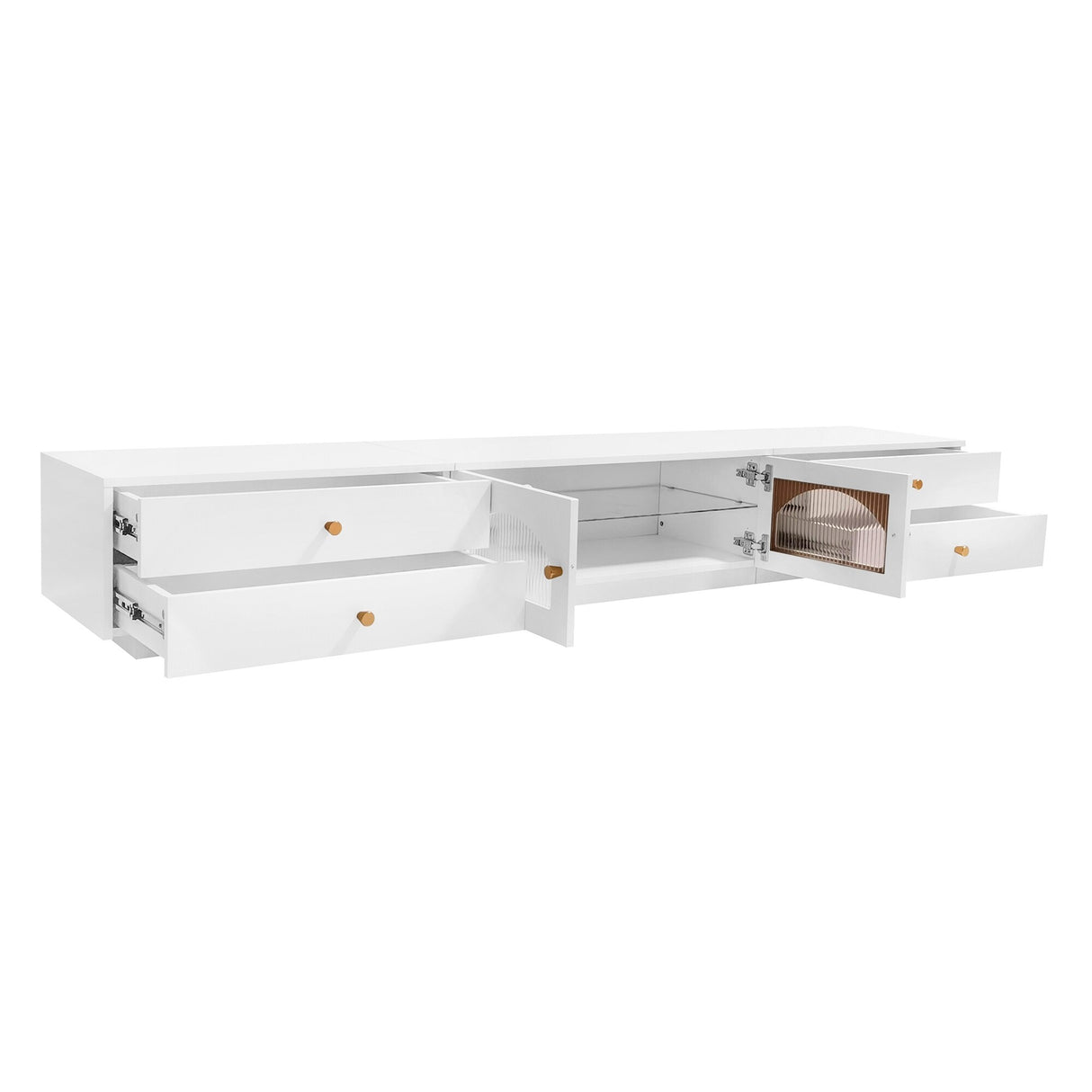 Modern TV Stand Media Console Cabinets w/ Fluted Glass Doors for TVs Up to 90'', TV Cabinet Entertainment Center w/ 4 Drawers