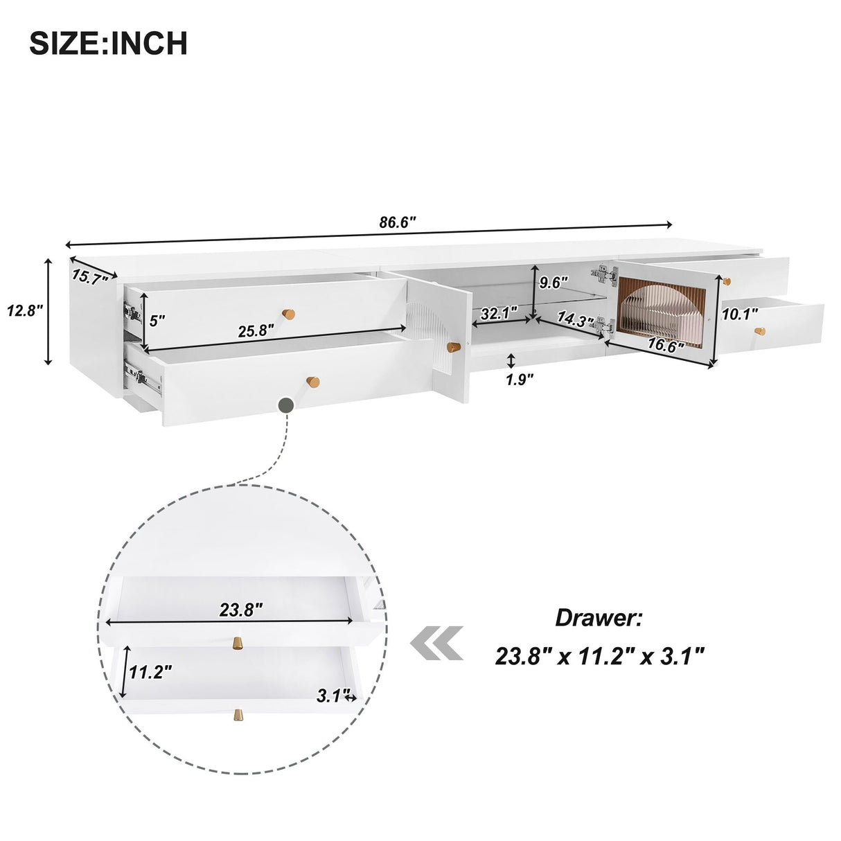 Modern TV Stand Media Console Cabinets w/ Fluted Glass Doors for TVs Up to 90'', TV Cabinet Entertainment Center w/ 4 Drawers