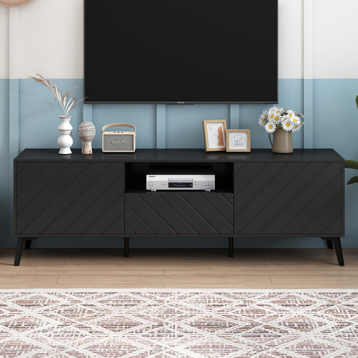 Modern TV Stand with Adjustable Shelves,1 Drawer and Open Shelf for 70 inch TV
