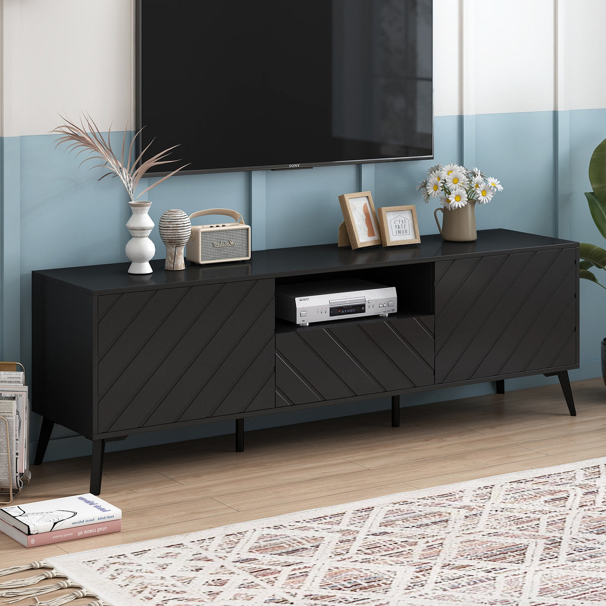 Modern TV Stand with Adjustable Shelves,1 Drawer and Open Shelf for 70