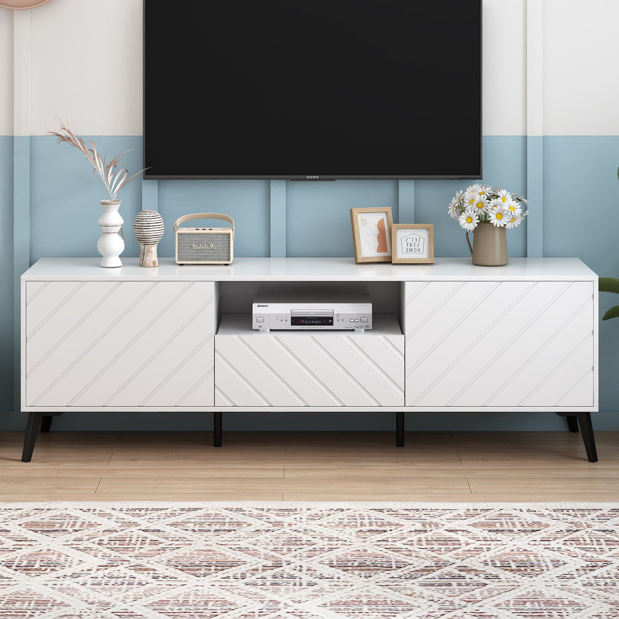 Modern TV Stand with Adjustable Shelves,1 Drawer and Open Shelf for 70 inch TV