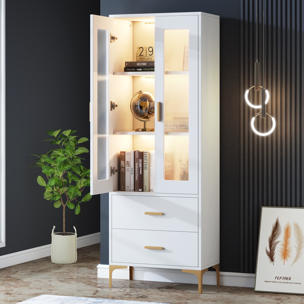 Tall Bookcase Bookshelf Storage Cabinet With Doors and LED Light