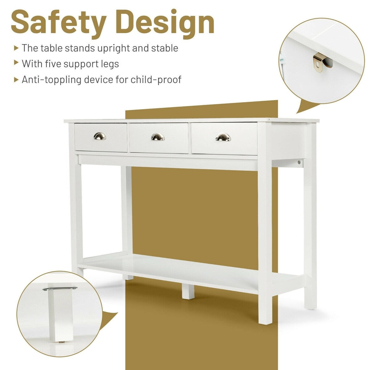 Modern Tall Entryway Table with 3 Drawers and 2 Tier Storage Shelves for Hallway and Living Room - 47" x 15.5" x 32" (L x W x H)
