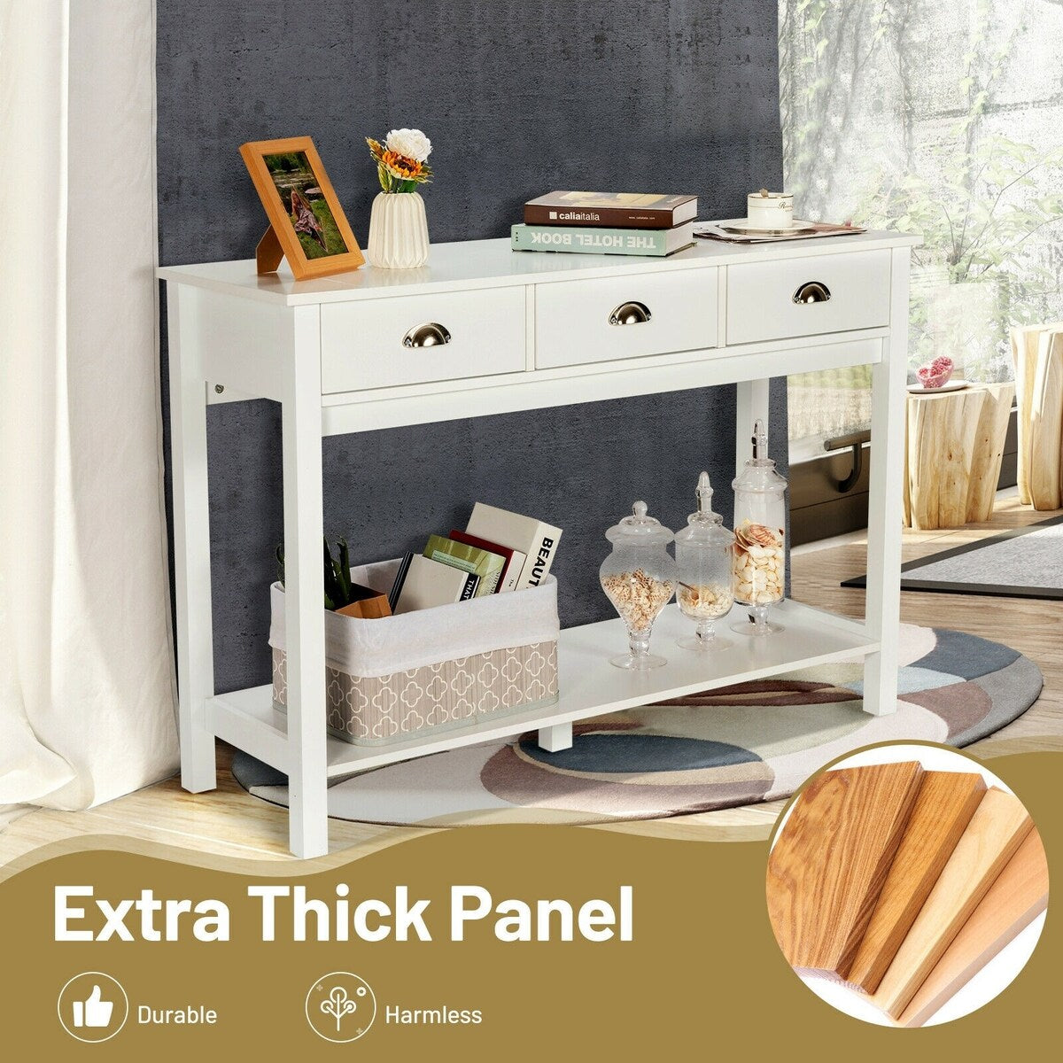 Modern Tall Entryway Table with 3 Drawers and 2 Tier Storage Shelves for Hallway and Living Room - 47" x 15.5" x 32" (L x W x H)