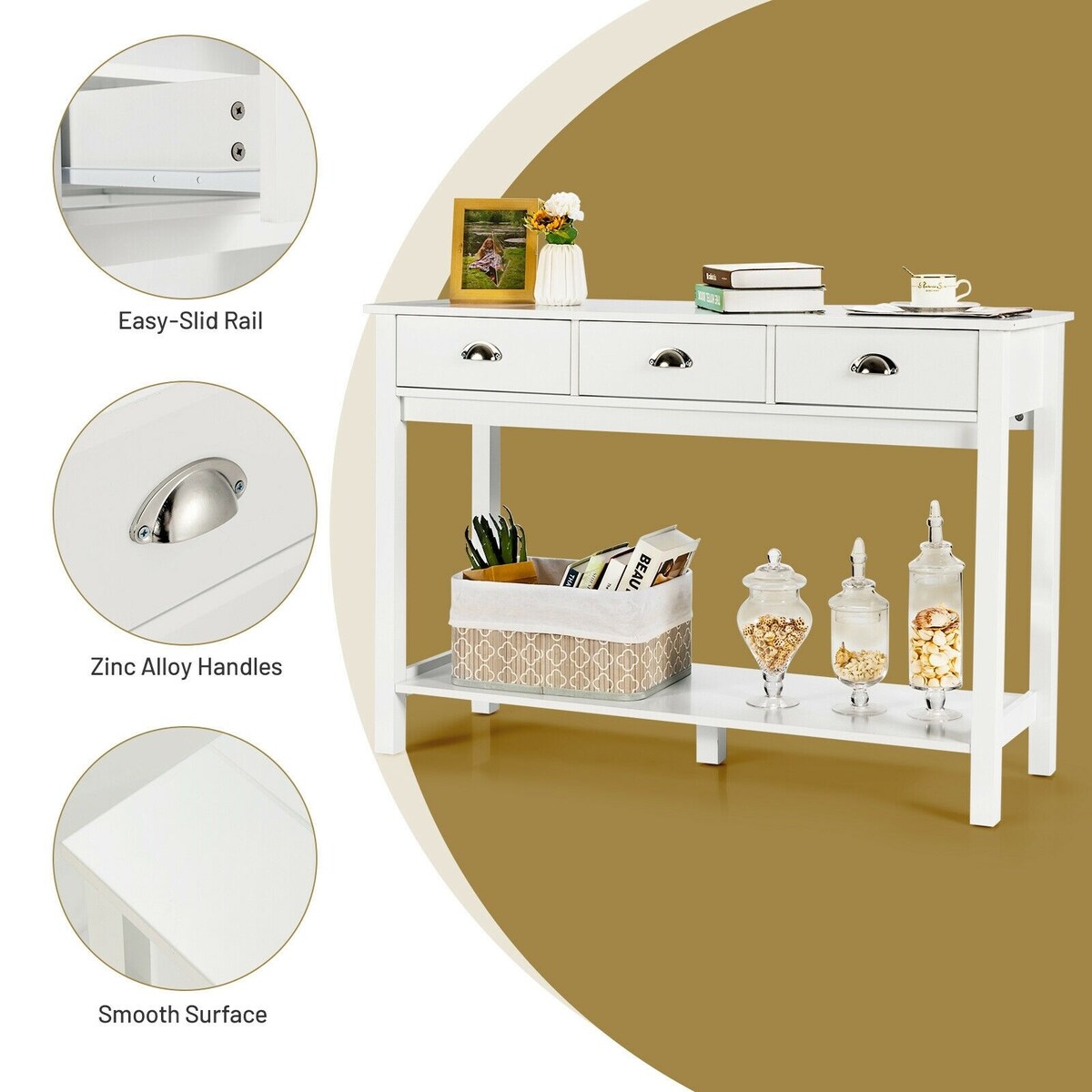 Modern Tall Entryway Table with 3 Drawers and 2 Tier Storage Shelves for Hallway and Living Room - 47" x 15.5" x 32" (L x W x H)
