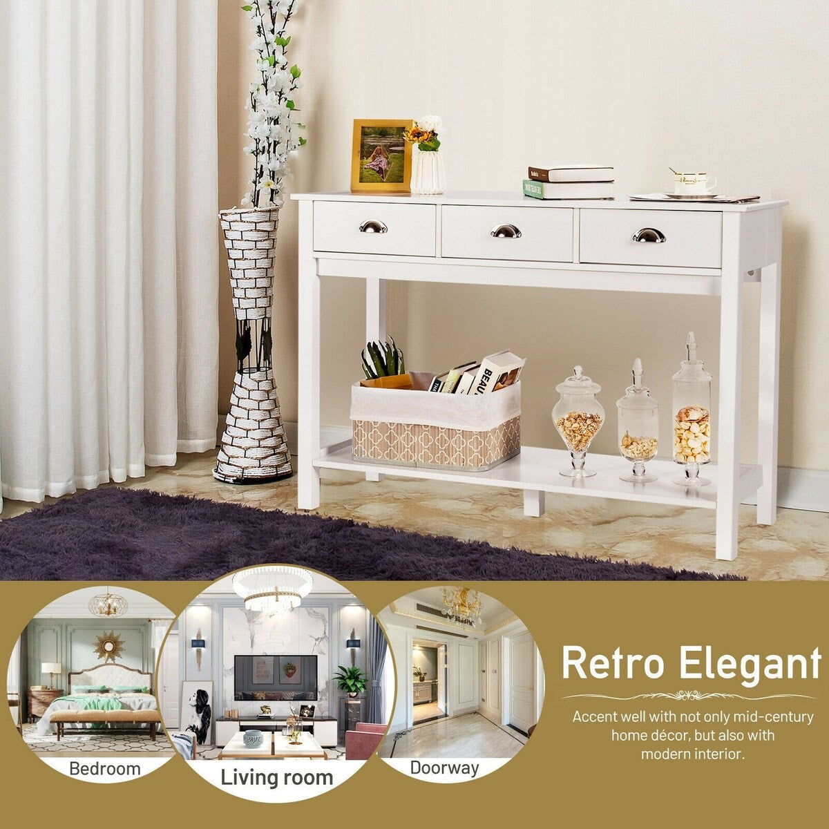 Modern Tall Entryway Table with 3 Drawers and 2 Tier Storage Shelves for Hallway and Living Room - 47" x 15.5" x 32" (L x W x H)