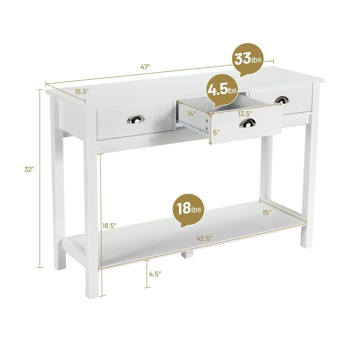 Modern Tall Entryway Table with 3 Drawers and 2 Tier Storage Shelves for Hallway and Living Room - 47" x 15.5" x 32" (L x W x H)