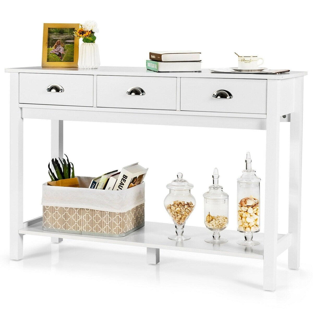 Modern Tall Entryway Table with 3 Drawers and 2 Tier Storage Shelves for Hallway and Living Room - 47" x 15.5" x 32" (L x W x H)