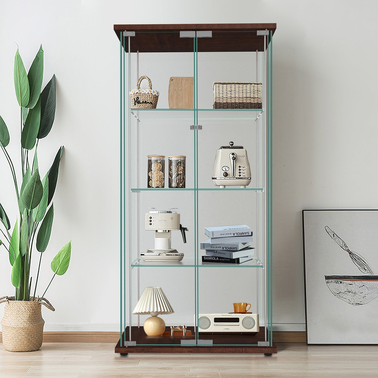 Modern Tempered Glass Bookshelf with Glass Doors Curio Display Cabinet