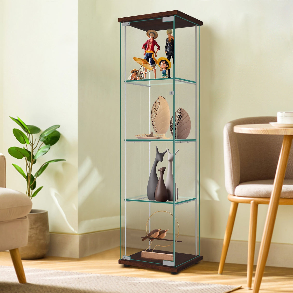 Modern Tempered Glass Bookshelf with Glass Doors Curio Display Cabinet