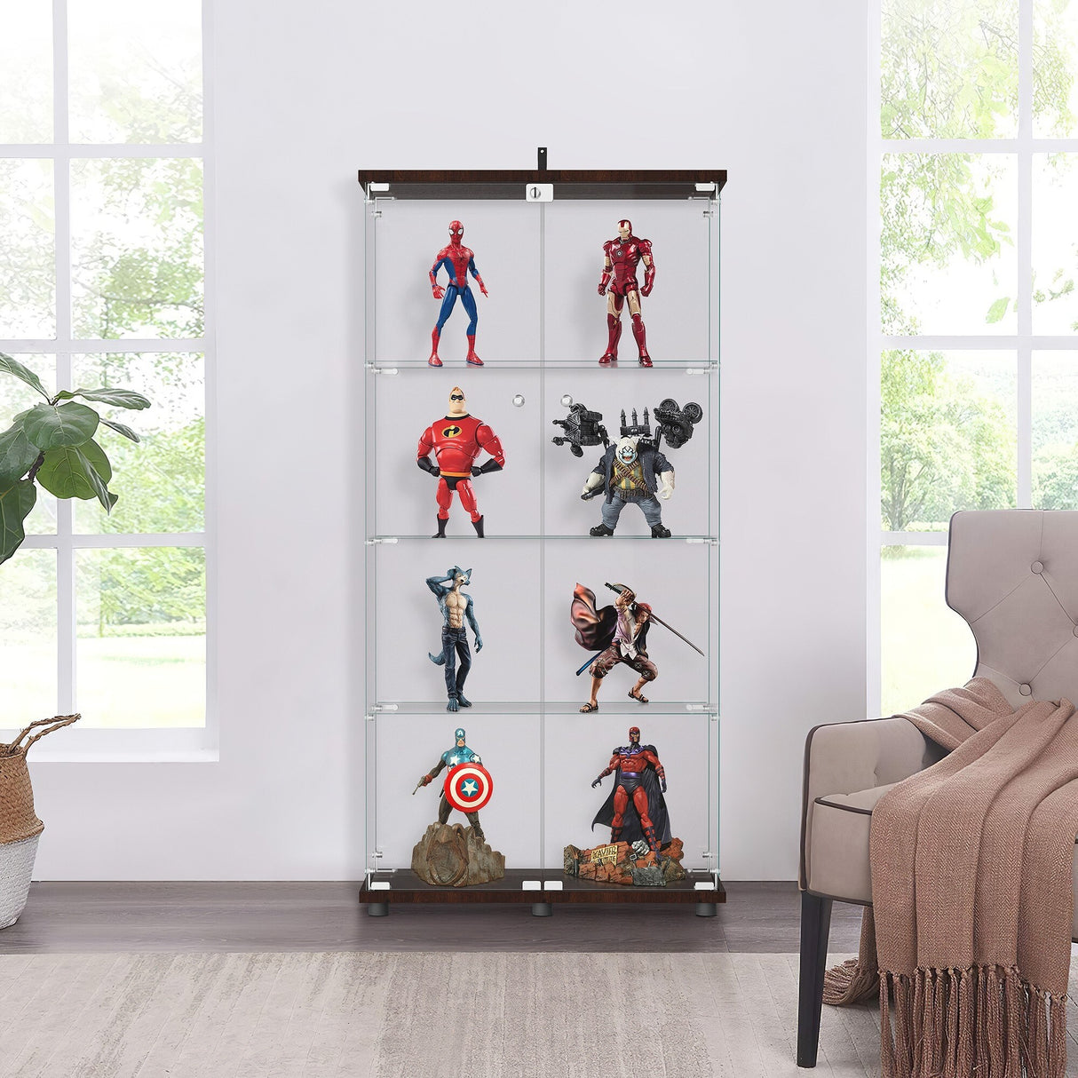 Modern Tempered Glass Bookshelf with Glass Doors Curio Display Cabinet