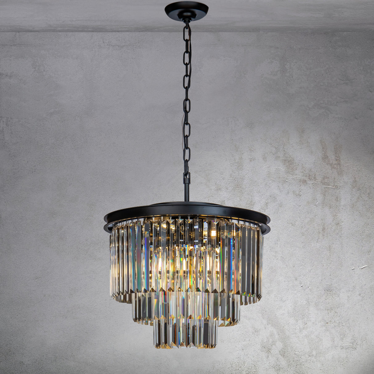 CraftHome Modern Tier Fringe Crystal Chandelier in Black