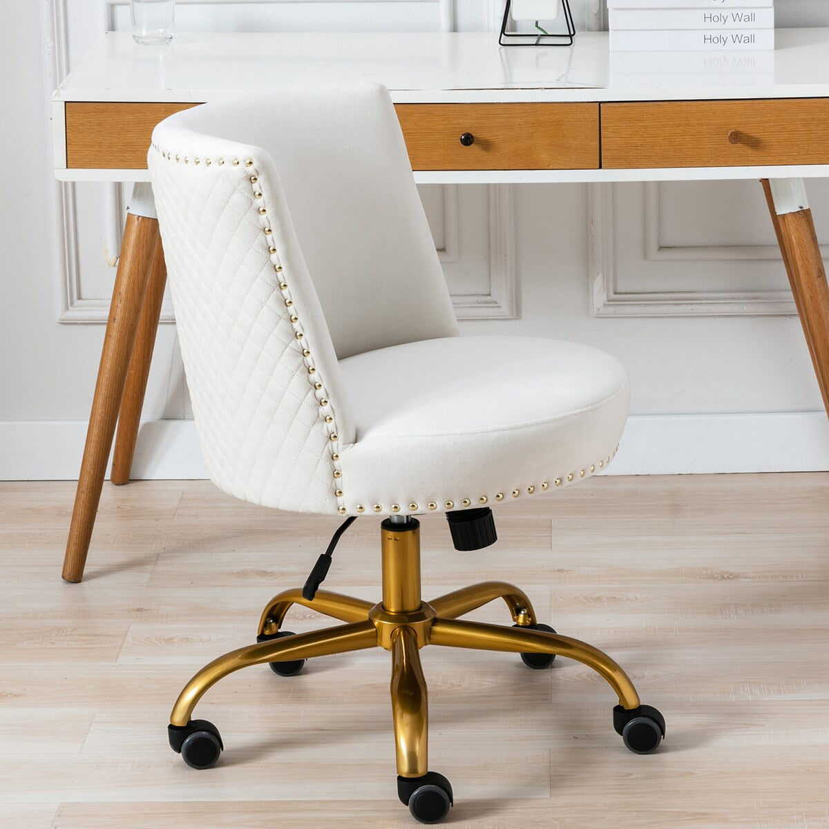 Velvet Home Office Desk Chair, Swivel Accent Chair for Living Room and Bedroom, Modern Tilt Task Chair for Computer Desk (Ivory)
