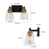 Modern 2-Light Black Gold Bathroom Vanity Light Clear Cone Glass Wall Sconces