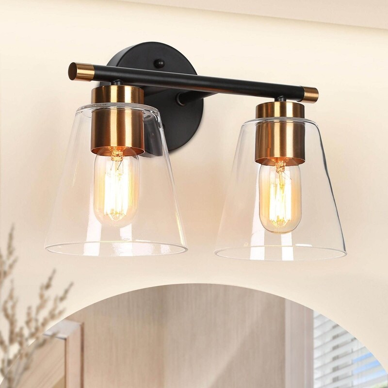 Modern 2-Light Black Gold Bathroom Vanity Light Clear Cone Glass Wall Sconces