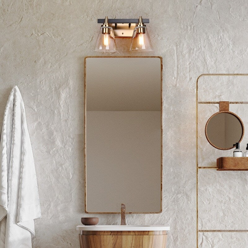Modern 2-Light Black Gold Bathroom Vanity Light Clear Cone Glass Wall Sconces