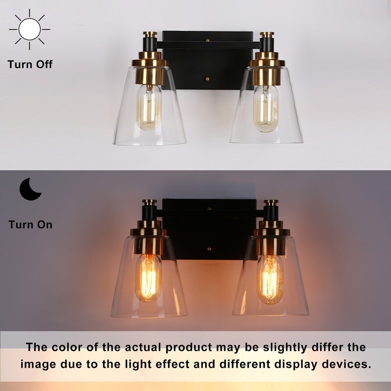 Modern 2-Light Black Gold Bathroom Vanity Light Clear Cone Glass Wall Sconces