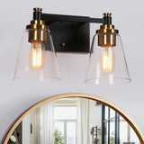 Modern 2-Light Black Gold Bathroom Vanity Light Clear Cone Glass Wall Sconces
