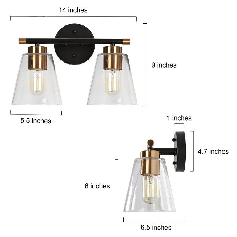 Modern 2-Light Black Gold Bathroom Vanity Light Clear Cone Glass Wall Sconces