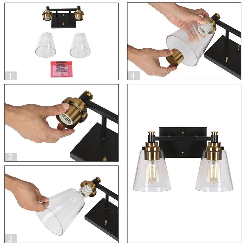 Modern 2-Light Black Gold Bathroom Vanity Light Clear Cone Glass Wall Sconces