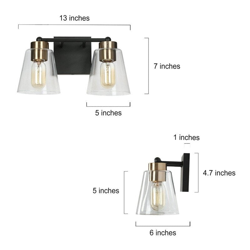 Modern 2-Light Black Gold Bathroom Vanity Light Clear Cone Glass Wall Sconces
