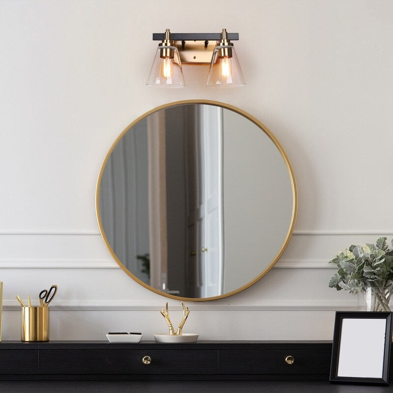 Modern 2-Light Black Gold Bathroom Vanity Light Clear Cone Glass Wall Sconces