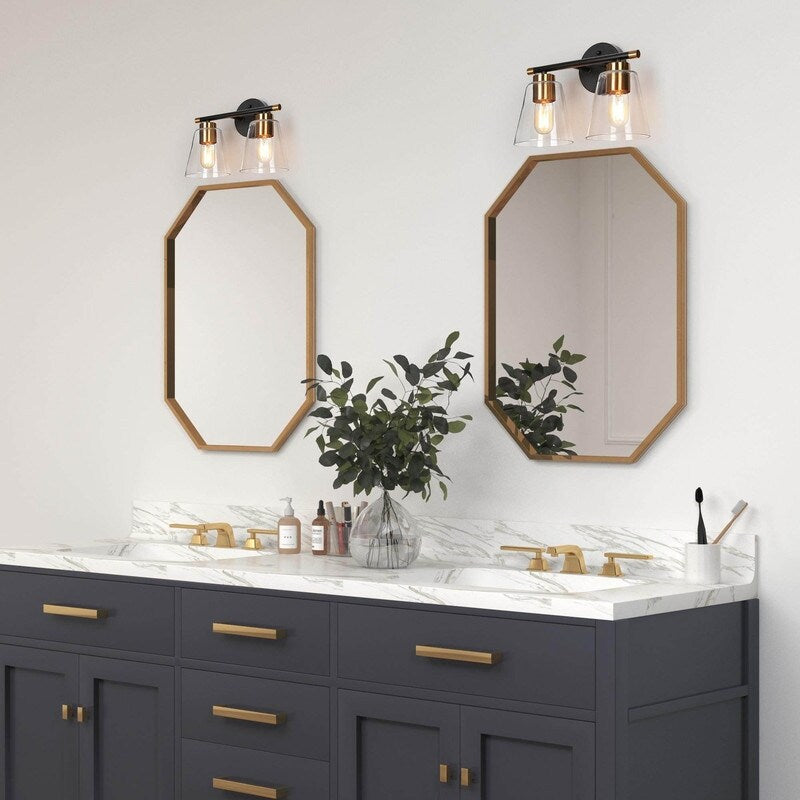 Modern 2-Light Black Gold Bathroom Vanity Light Clear Cone Glass Wall Sconces