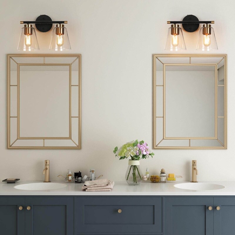 Modern 2-Light Black Gold Bathroom Vanity Light Clear Cone Glass Wall Sconces