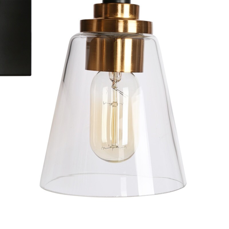 Modern 2-Light Black Gold Bathroom Vanity Light Clear Cone Glass Wall Sconces