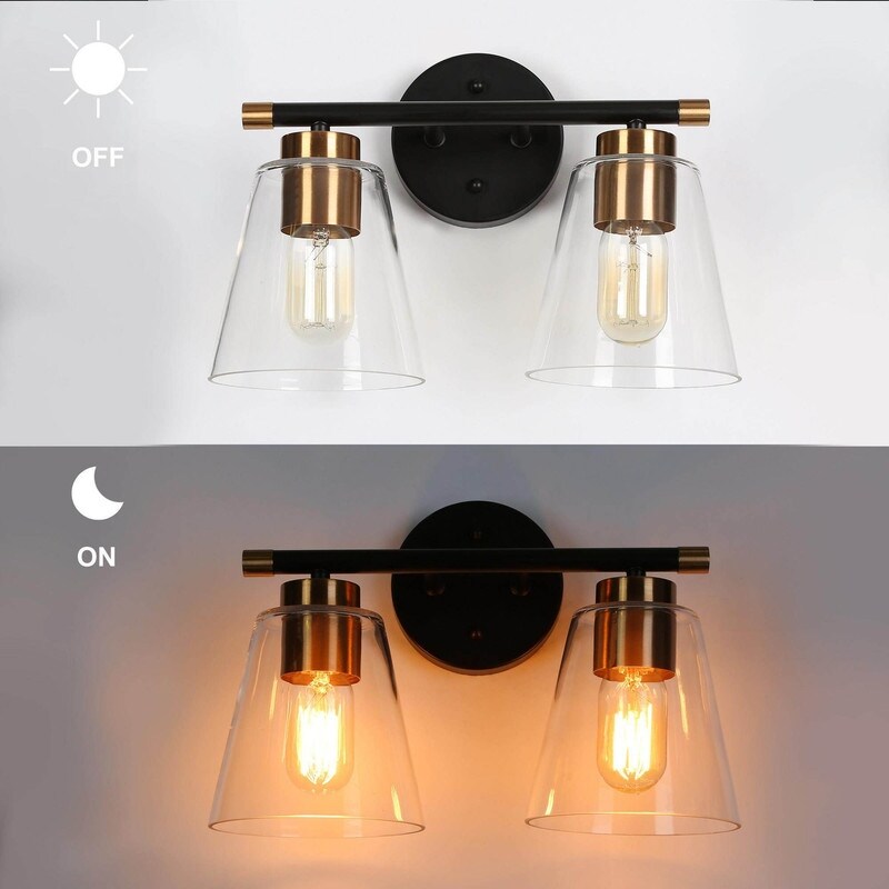 Modern 2-Light Black Gold Bathroom Vanity Light Clear Cone Glass Wall Sconces