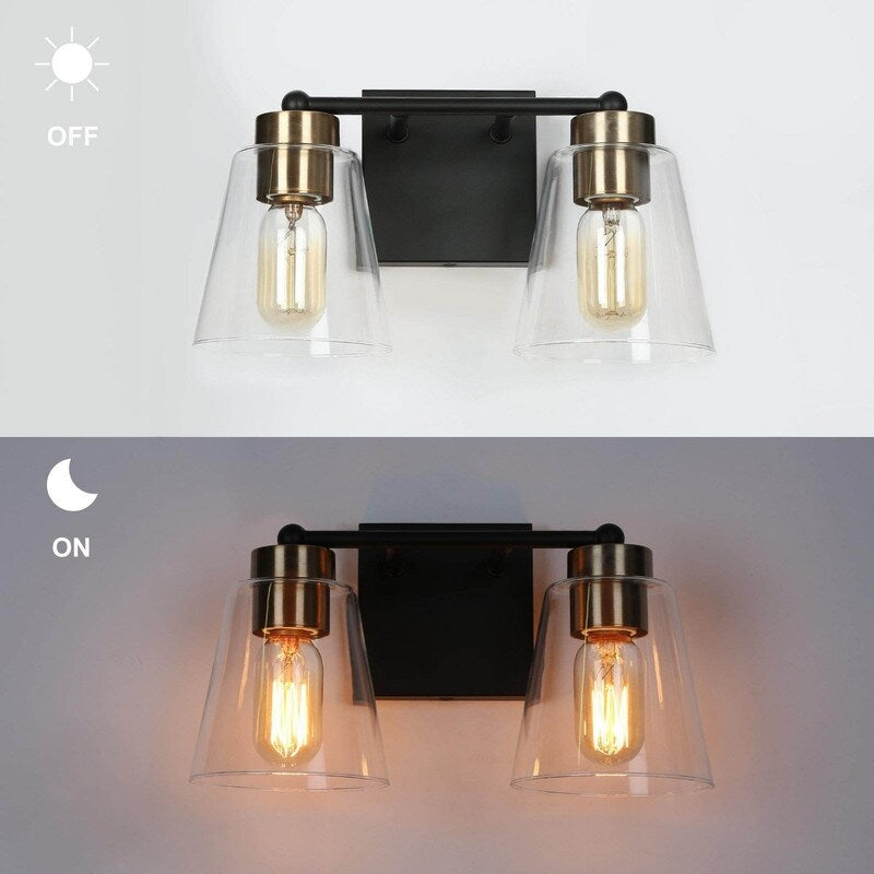 Modern 2-Light Black Gold Bathroom Vanity Light Clear Cone Glass Wall Sconces