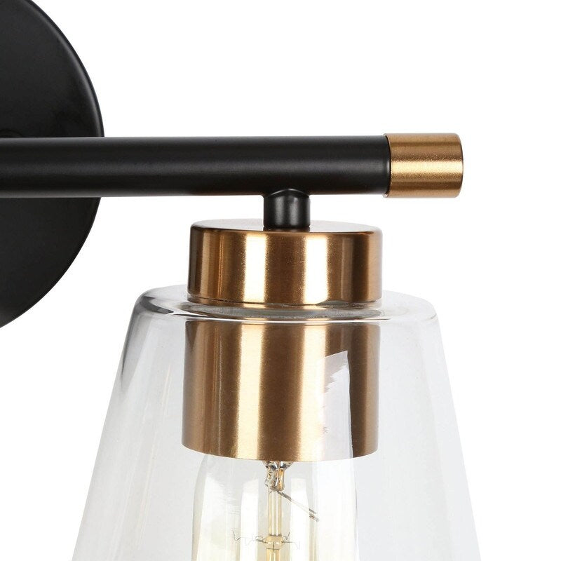Modern 2-Light Black Gold Bathroom Vanity Light Clear Cone Glass Wall Sconces